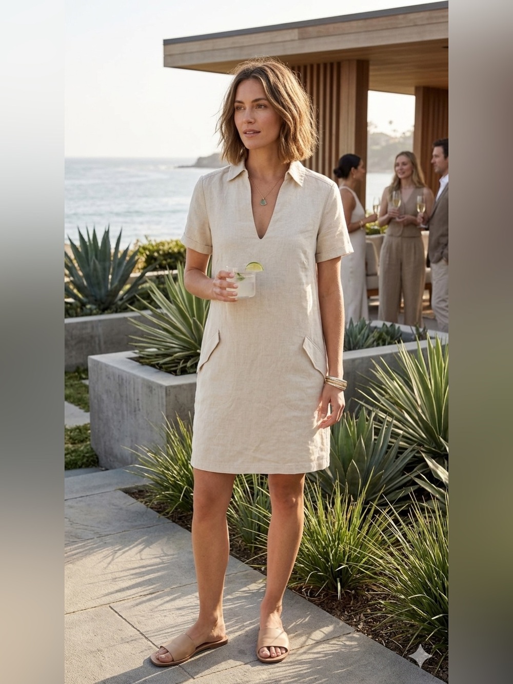 Nordstrom rack Short Sleeve Linen/rayon Blend Shift Dress XS boho neutral beachy